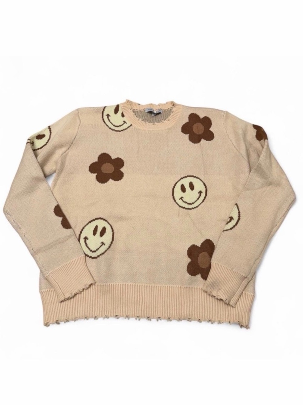 Miss Sparkling Happy Face Boho Sweater Women’s Large Retro Smiley Twee Brown